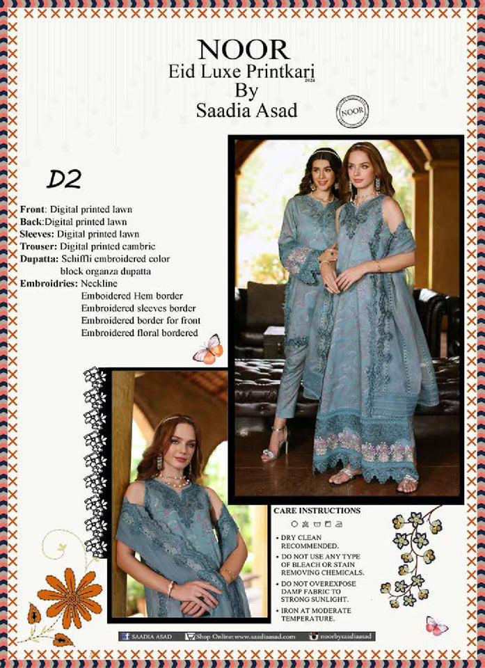 Noor by Saadia Asad Embroidered Lawn Suits Unstitched 3 Piece NSA24ELP D2-Luxury Collection