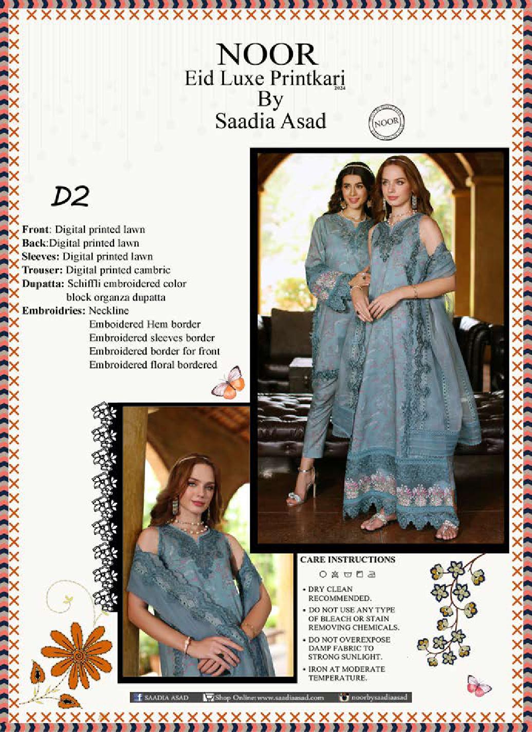 Noor by Saadia Asad Embroidered Lawn Suits Unstitched 3 Piece NSA24ELP D2-Luxury Collection